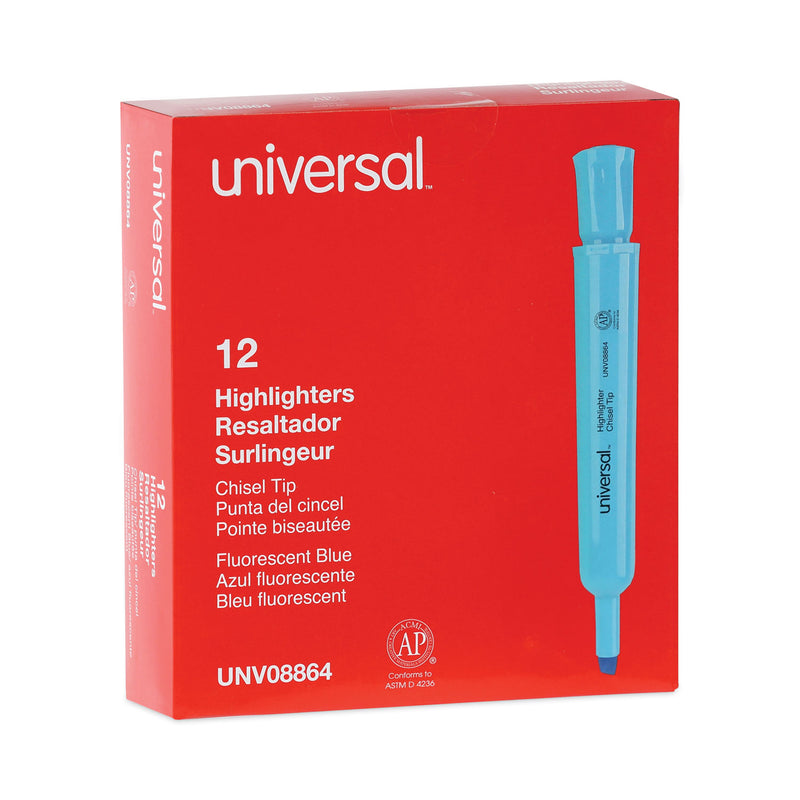 Universal Desk Highlighters, Fluorescent Blue Ink, Chisel Tip, Blue Barrel, Dozen