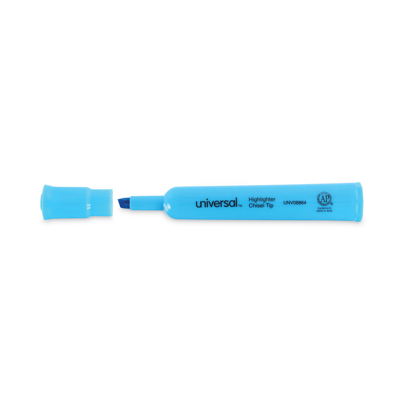 Universal Desk Highlighters, Fluorescent Blue Ink, Chisel Tip, Blue Barrel, Dozen