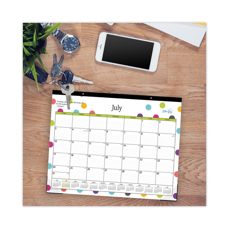 Blue Sky Teacher Dots Academic Desk Pad, 22 x 17, Black Binding, Clear Corners, 12-Month (July to June): 2022 to 2023