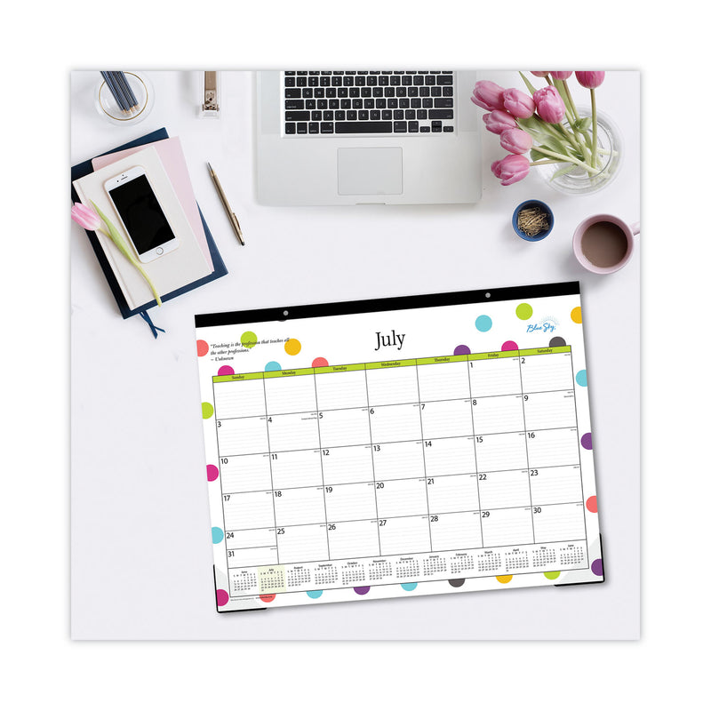 Blue Sky Teacher Dots Academic Desk Pad, 22 x 17, Black Binding, Clear Corners, 12-Month (July to June): 2022 to 2023