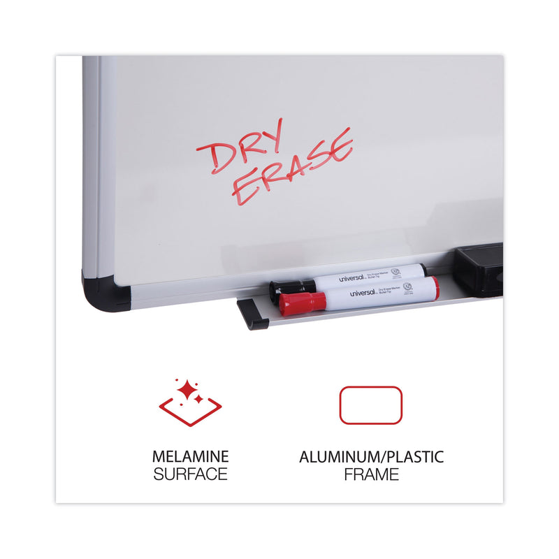 Universal Dry Erase Board, Melamine, 72 x 48, White, Black/Gray Aluminum/Plastic Frame