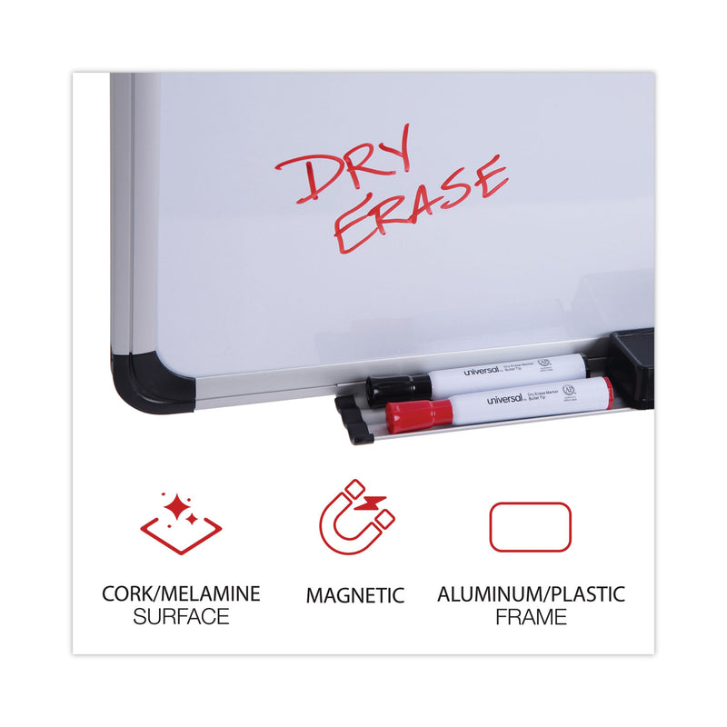 Universal Cork/Dry Erase Board, Melamine, 36 x 24, Black/Gray, Aluminum/Plastic Frame