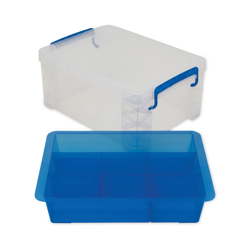 Advantus Super Stacker Divided Storage Box, 6 Sections, 10.38" x 14.25" x 6.5", Clear/Blue