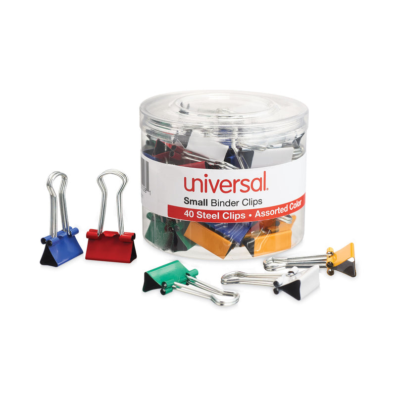 Universal Binder Clips with Storage Tub, Small, Assorted Colors, 40/Pack