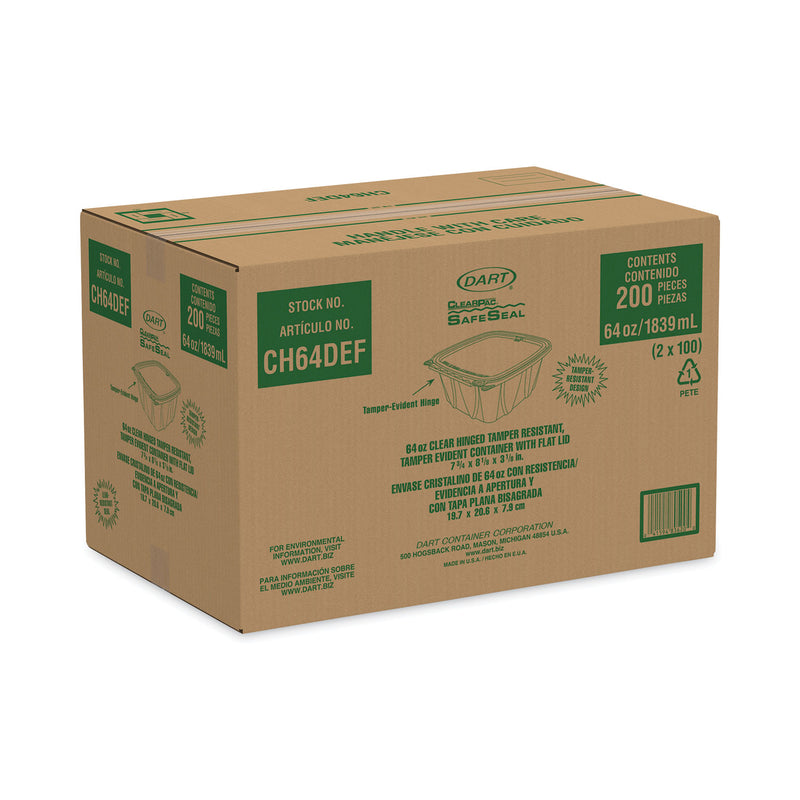 Dart ClearPac SafeSeal Tamper-Resistant/Evident Containers, Flat Lid, 64 oz, 8.1 x 7.8 x 3.3, Clear, Plastic, 100/Bag, 2 Bags/CT