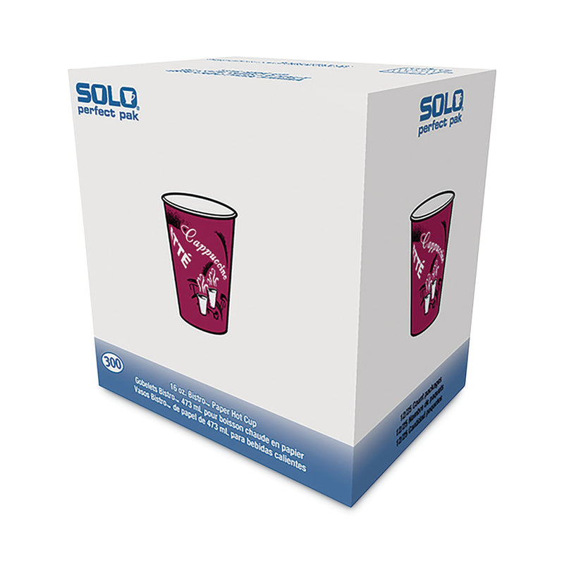 Dart Solo Paper Hot Drink Cups in Bistro Design, 16 oz, Maroon, 300/Carton