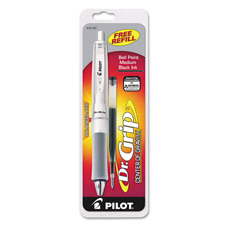 Pilot Dr. Grip Center of Gravity Ballpoint Pen, Retractable, Medium 1 mm, Black Ink, Silver/Charcoal Grip Barrel