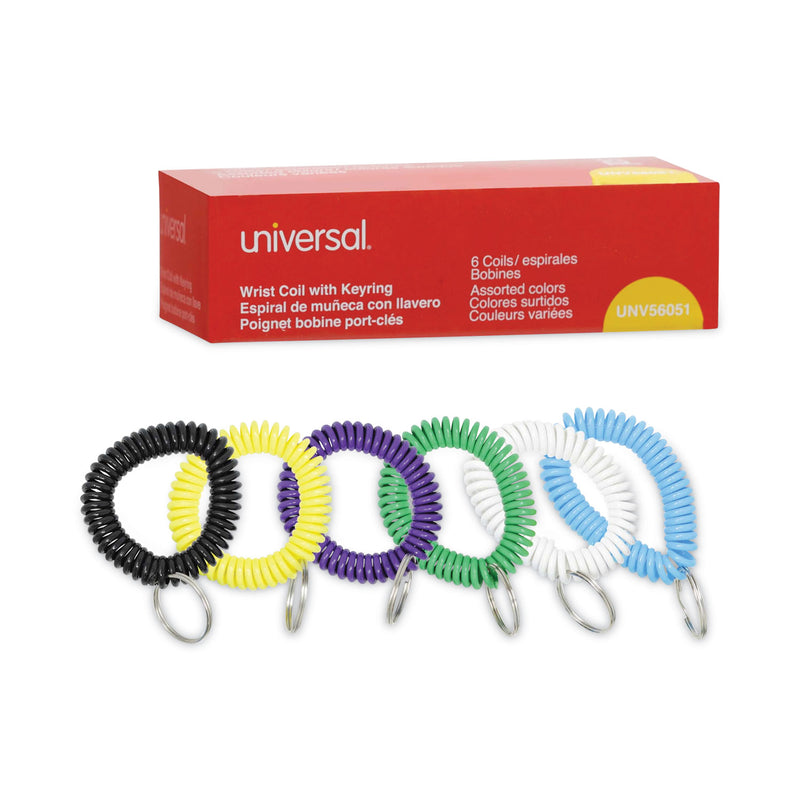 Universal Wrist Coil Plus Key Ring, Plastic, Assorted Colors, 6/Pack