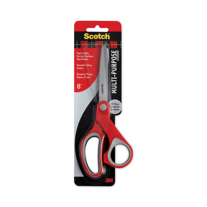 Scotch Multi-Purpose Scissors, 8" Long, 3.38" Cut Length, Gray/Red Straight Handle