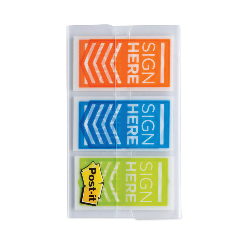 Post-it Arrow Message 1" Page Flags, "Sign Here", Blue/Lime/Orange, 20 Flags/Dispenser, 3 Dispensers/Pack