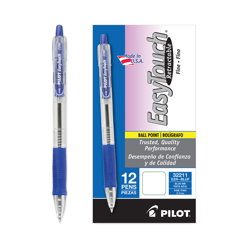 Pilot EasyTouch Ballpoint Pen, Retractable, Fine 0.7 mm, Blue Ink, Clear Barrel, Dozen