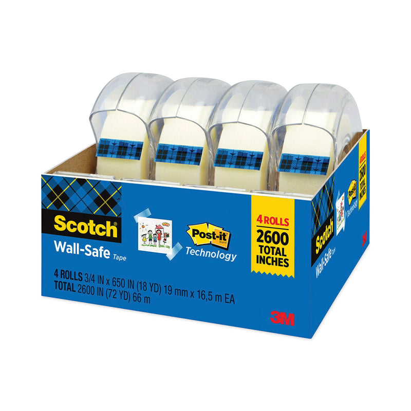 Scotch Wall-Safe Tape with Dispenser, 1" Core, 0.75" x 54.17 ft, Clear, 4/Pack