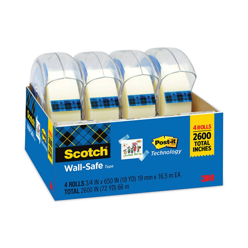 Scotch Wall-Safe Tape with Dispenser, 1" Core, 0.75" x 54.17 ft, Clear, 4/Pack