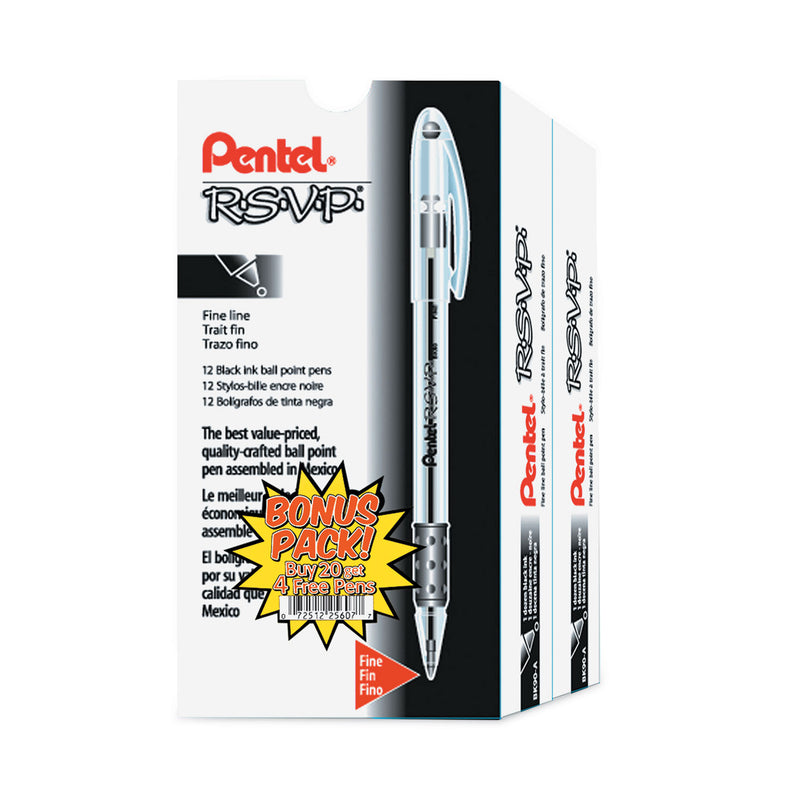 Pentel R.S.V.P. Ballpoint Pen Value Pack, Stick, Fine 0.7 mm, Black Ink, Clear/Black Barrel, 24/Pack