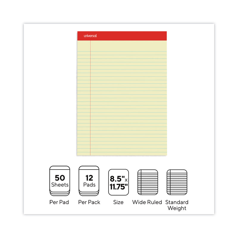 Universal Perforated Ruled Writing Pads, Wide/Legal Rule, Red Headband, 50 Canary-Yellow 8.5 x 11.75 Sheets, Dozen