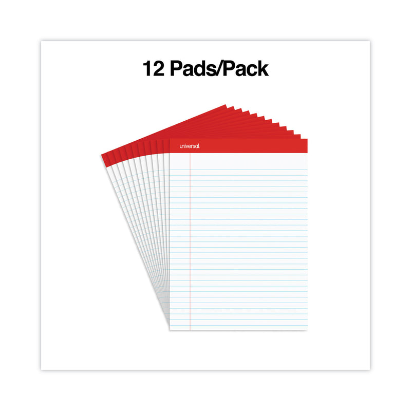 Universal Perforated Ruled Writing Pads, Wide/Legal Rule, Red Headband, 50 White 8.5 x 11.75 Sheets, Dozen