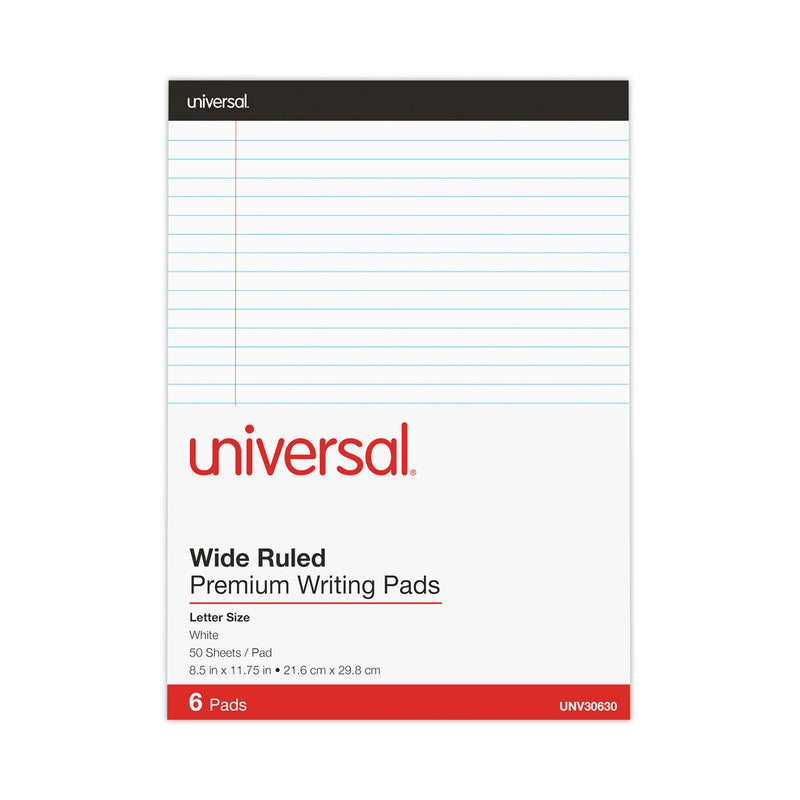 Universal Premium Ruled Writing Pads with Heavy-Duty Back, Wide/Legal Rule, Black Headband, 50 White 8.5 x 11 Sheets, 6/Pack