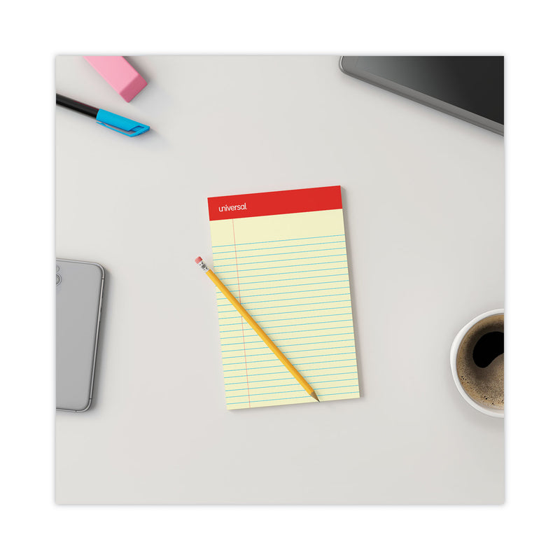 Universal Perforated Ruled Writing Pads, Narrow Rule, Red Headband, 50 Canary-Yellow 5 x 8 Sheets, Dozen