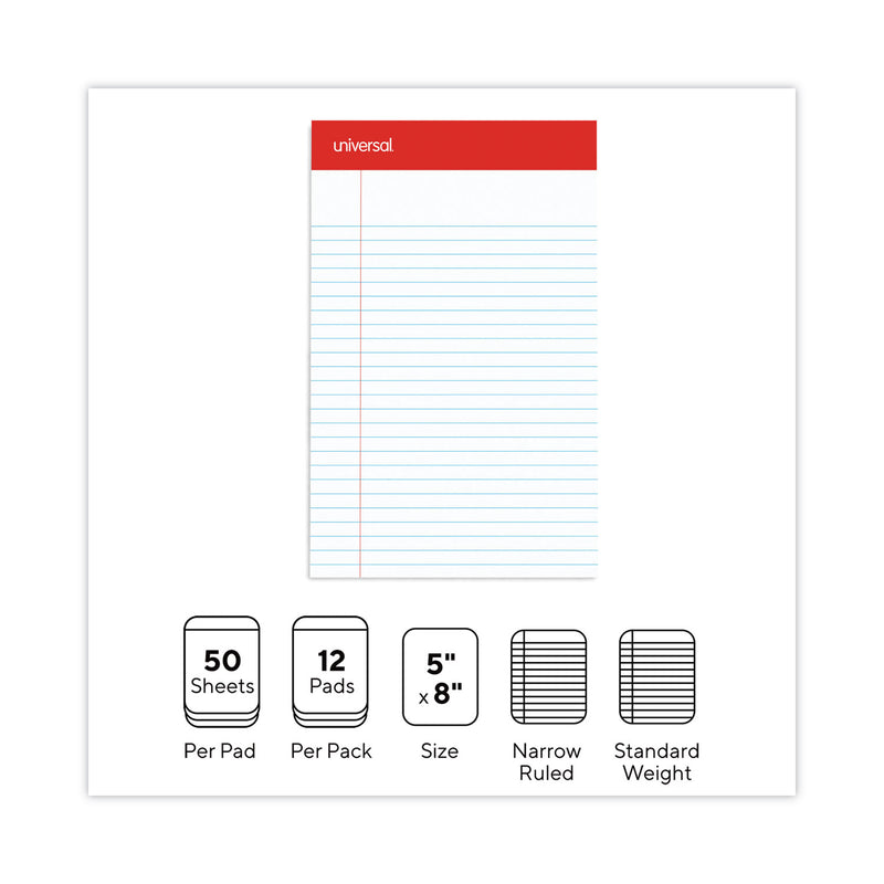 Universal Perforated Ruled Writing Pads, Narrow Rule, Red Headband, 50 White 5 x 8 Sheets, Dozen