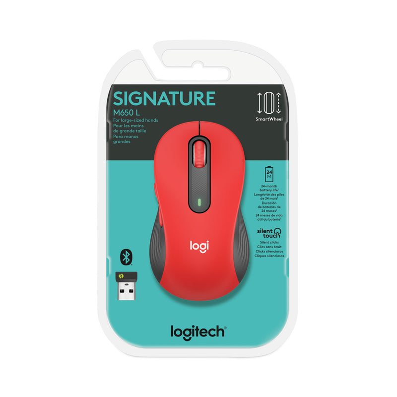 Logitech Signature M650 Wireless Mouse, Large, 2.4 GHz Frequency, 33 ft Wireless Range, Right Hand Use, Red