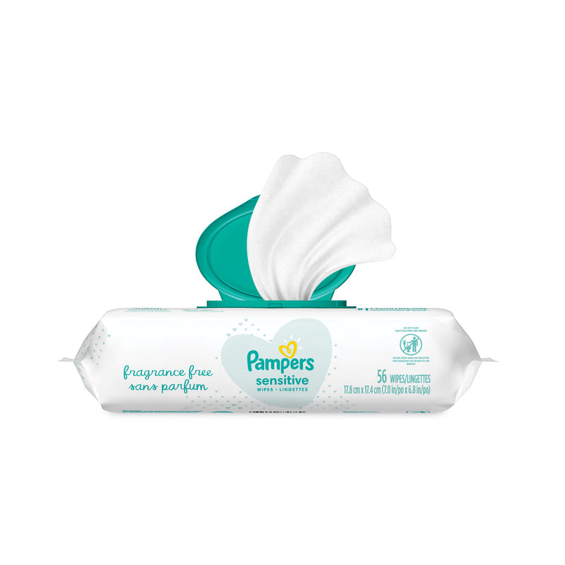 Pampers Sensitive Baby Wipes, 6.8 x 7, Unscented, White, 56/Pack, 8/Carton