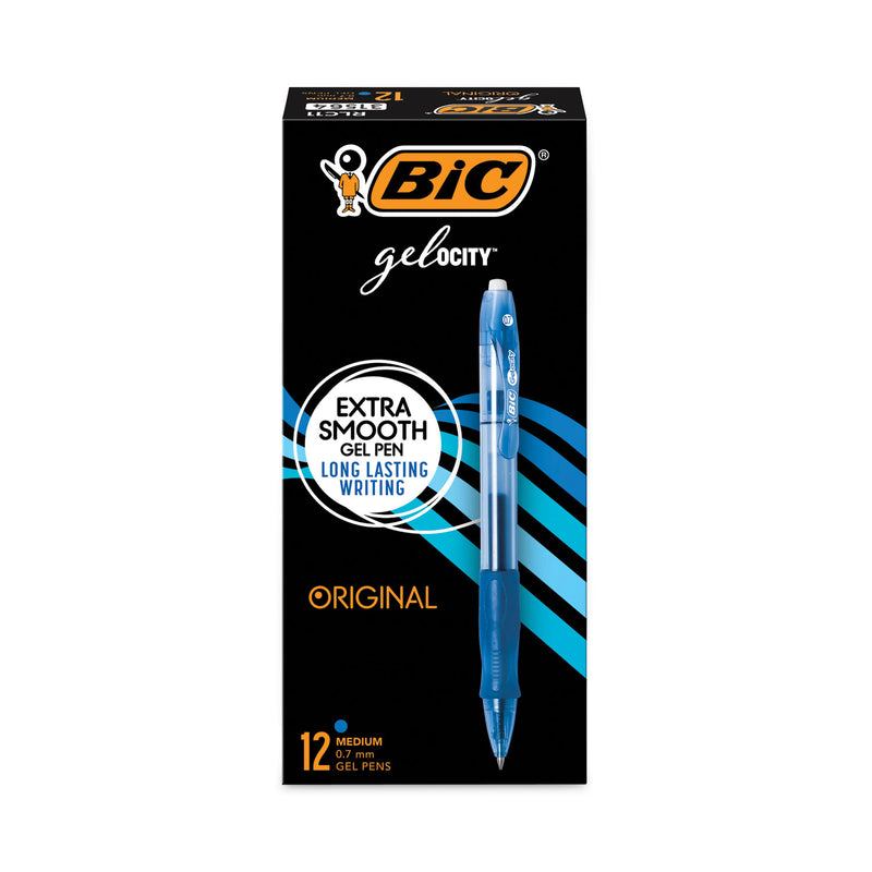 BIC Gel-ocity Gel Pen, Retractable, Medium 0.7 mm, Blue Ink, Translucent Blue Barrel, Dozen