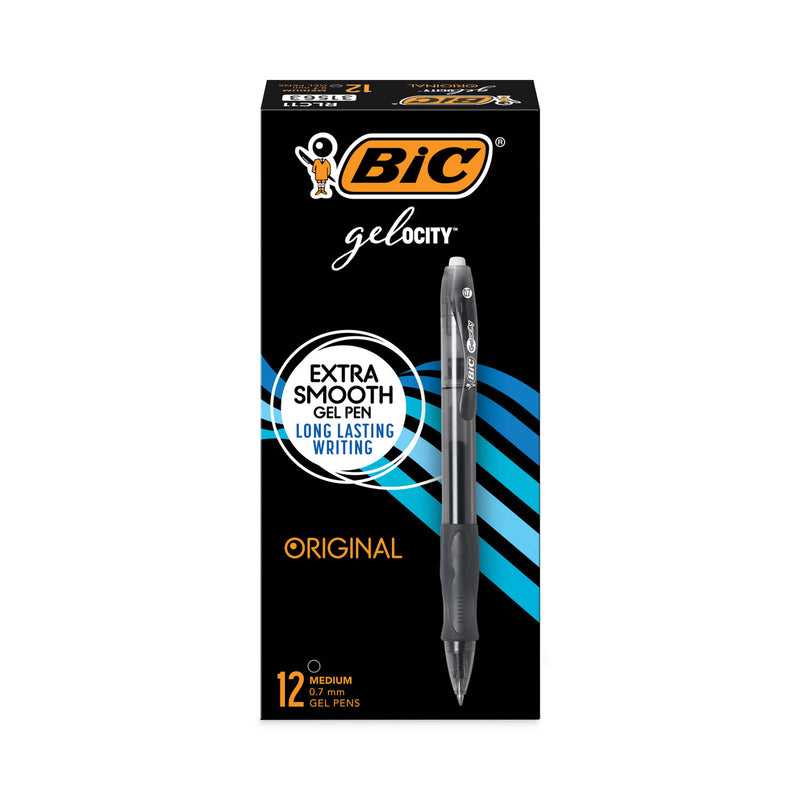 BIC Gel-ocity Gel Pen, Retractable, Medium 0.7 mm, Black Ink, Translucent Black Barrel, Dozen