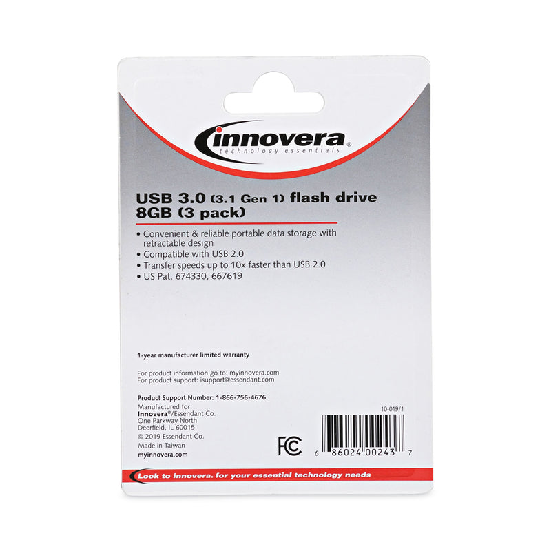 Innovera USB 3.0 Flash Drive, 8 GB, 3/Pack