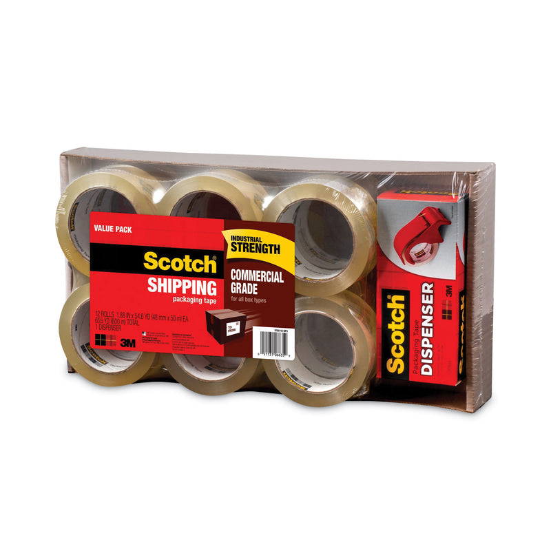 Scotch 3750 Commercial Grade Packaging Tape with DP300 Dispenser, 3" Core, 1.88" x 54.6 yds, Clear, 12/Pack