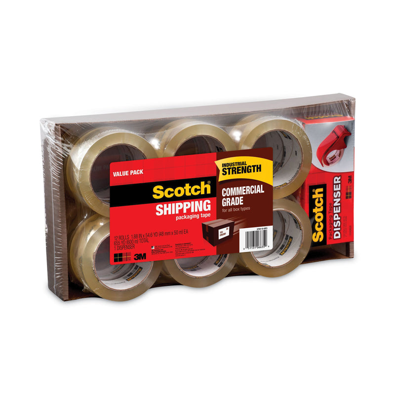 Scotch 3750 Commercial Grade Packaging Tape with DP300 Dispenser, 3" Core, 1.88" x 54.6 yds, Clear, 12/Pack