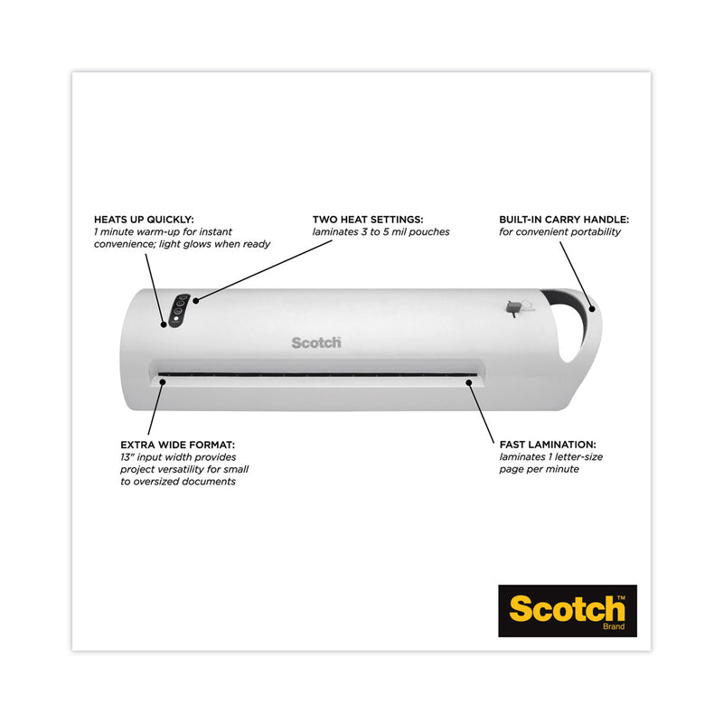 Scotch Thermal Laminator TL1302 Value Pack with 20 Pouches, Two Rollers, 13" Max Document Width, 5 mil Max Document Thickness