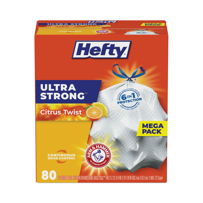 Hefty Ultra Strong Scented Tall White Kitchen Bags, 13 gal, 0.9 mil, 23.75" x 24.88", White, 80/Box