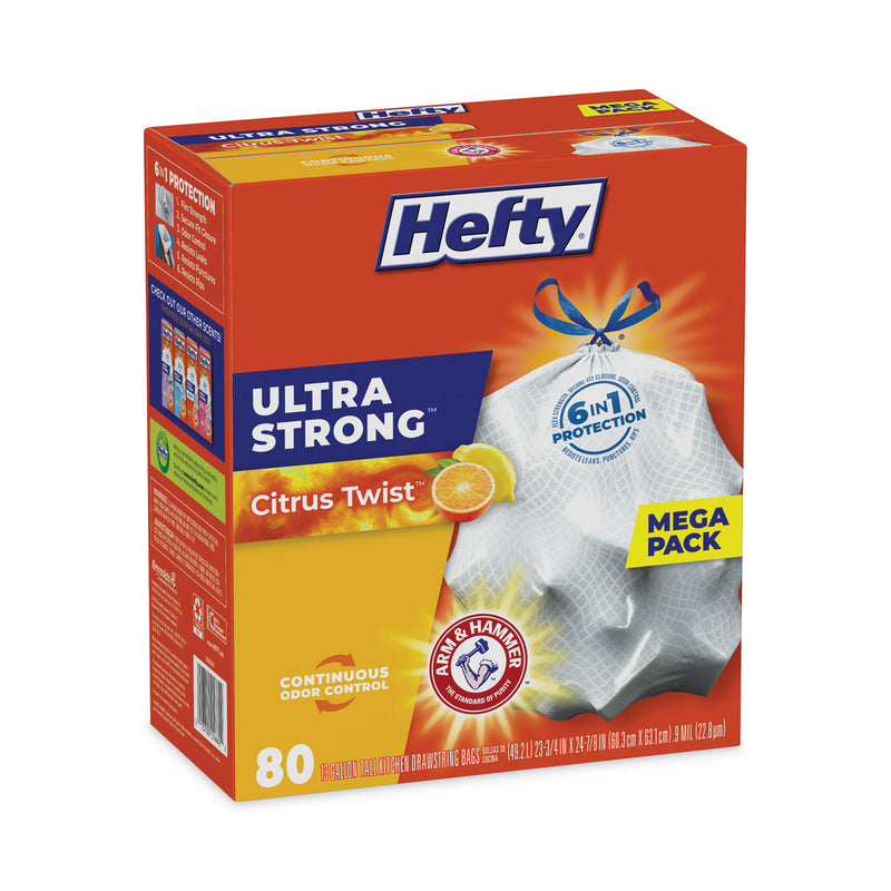 Hefty Ultra Strong Scented Tall White Kitchen Bags, 13 gal, 0.9 mil, 23.75" x 24.88", White, 80/Box