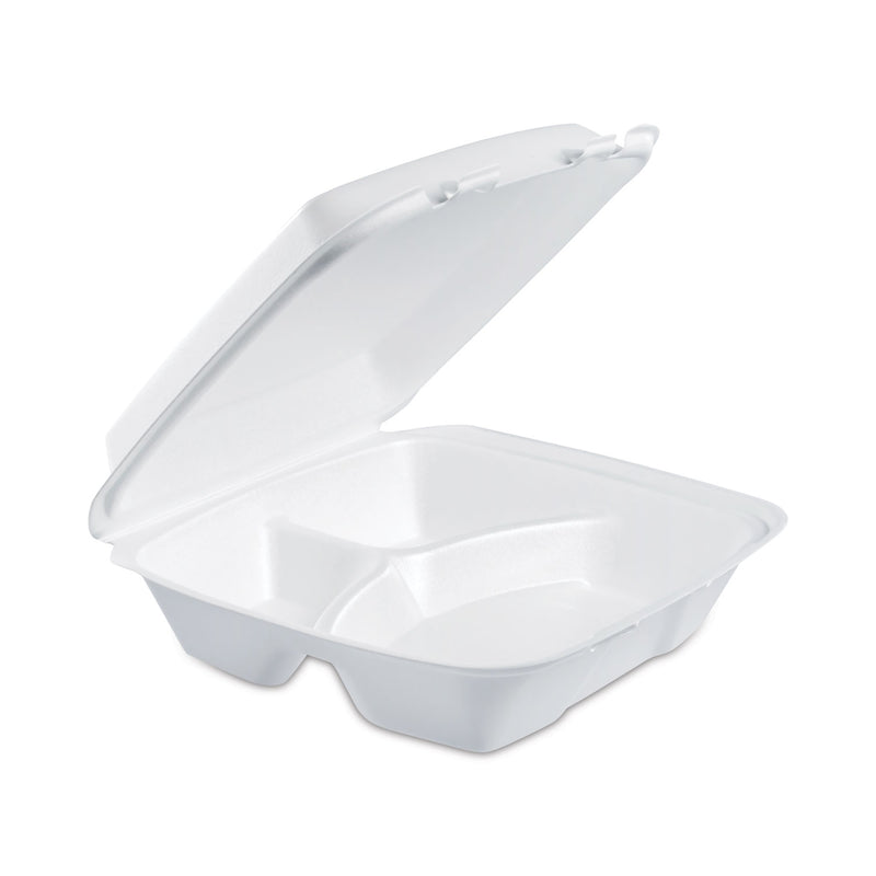 Dart Foam Hinged Lid Container, 3-Compartment, 8 oz, 9 x 9.4 x 3, White, 200/Carton