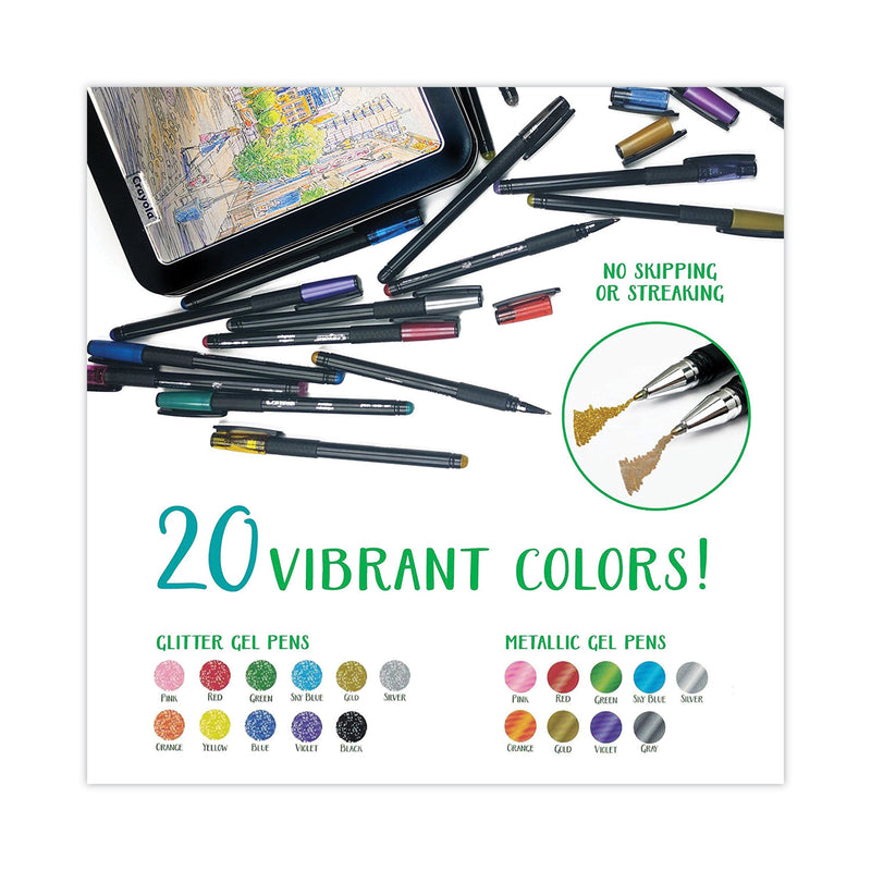 Crayola Detailing Gel Pen, Stick, Medium 1 mm, Assorted Ink Colors, Black Barrel, 20/Pack