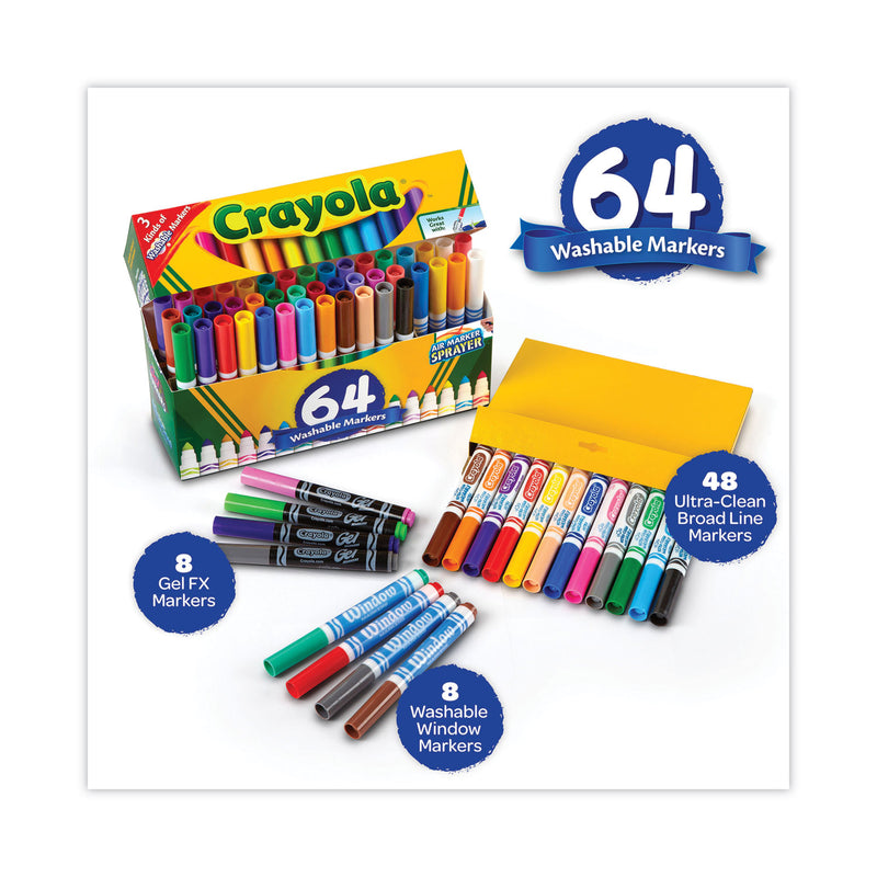 Crayola Broad Line Washable Markers, Broad Bullet Tip, Assorted Colors, 64/Set