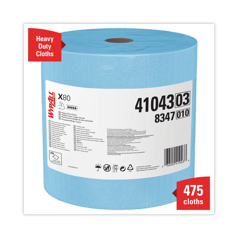 WypAll Power Clean X80 Heavy Duty Cloths, Jumbo Roll, 12.4 x 12.2, Blue, 475/Roll