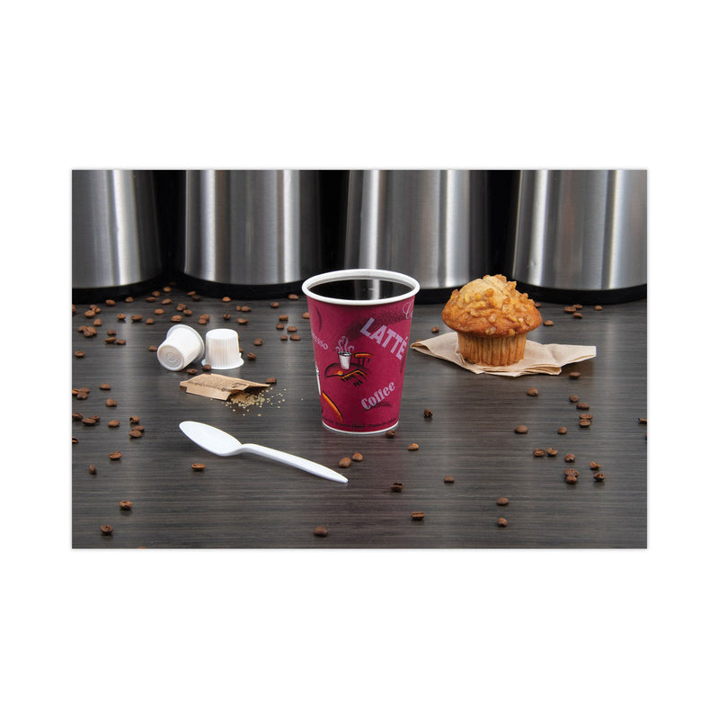 Dart Solo Paper Hot Drink Cups in Bistro Design, 12 oz, Maroon, 50/Pack