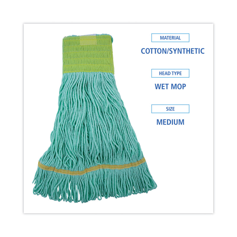 Boardwalk EcoMop Looped-End Mop Head, Recycled Fibers, Medium Size, Green, 12/Carton