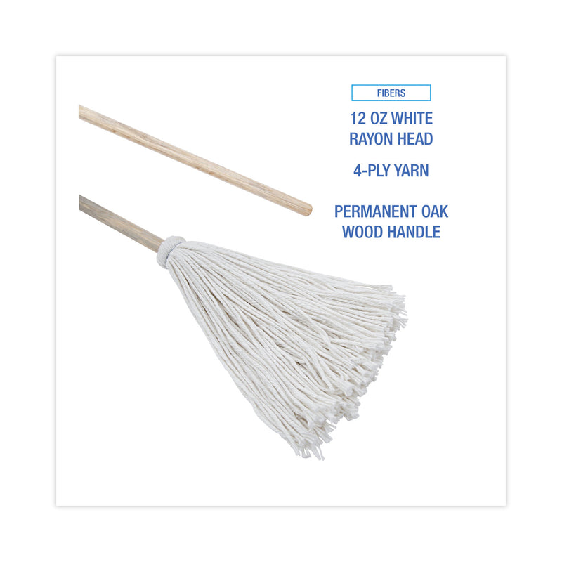 Boardwalk Handle/Deck Mops, 12 oz White Rayon Head, 48" Oak Wood Handle, 6/Pack