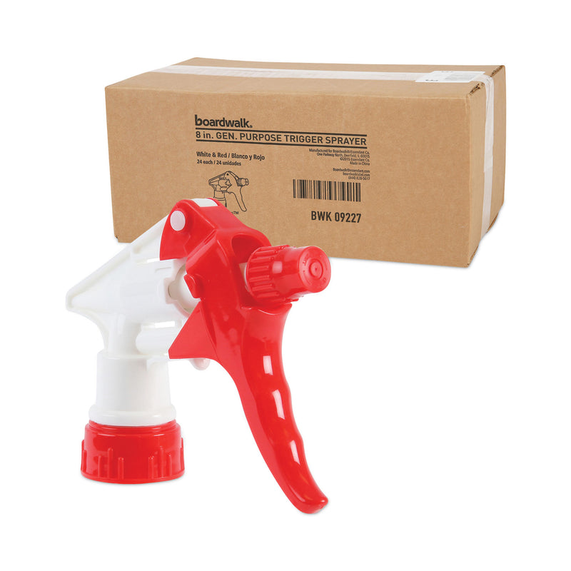 Boardwalk Trigger Sprayer 250, 8" Tube, Fits 16-24 oz Bottles, Red/White, 24/Carton