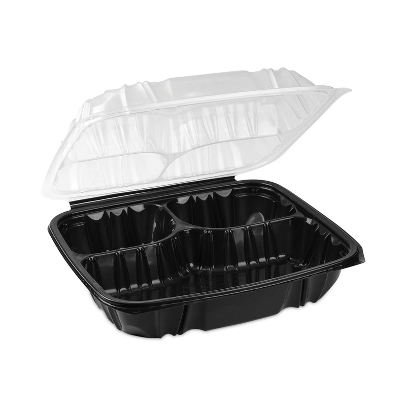 Pactiv Evergreen EarthChoice Vented Dual Color Microwavable Hinged Lid Container, 3-Compartment 34oz, 10.5x9.5x3, Black/Clear, Plastic, 132/CT