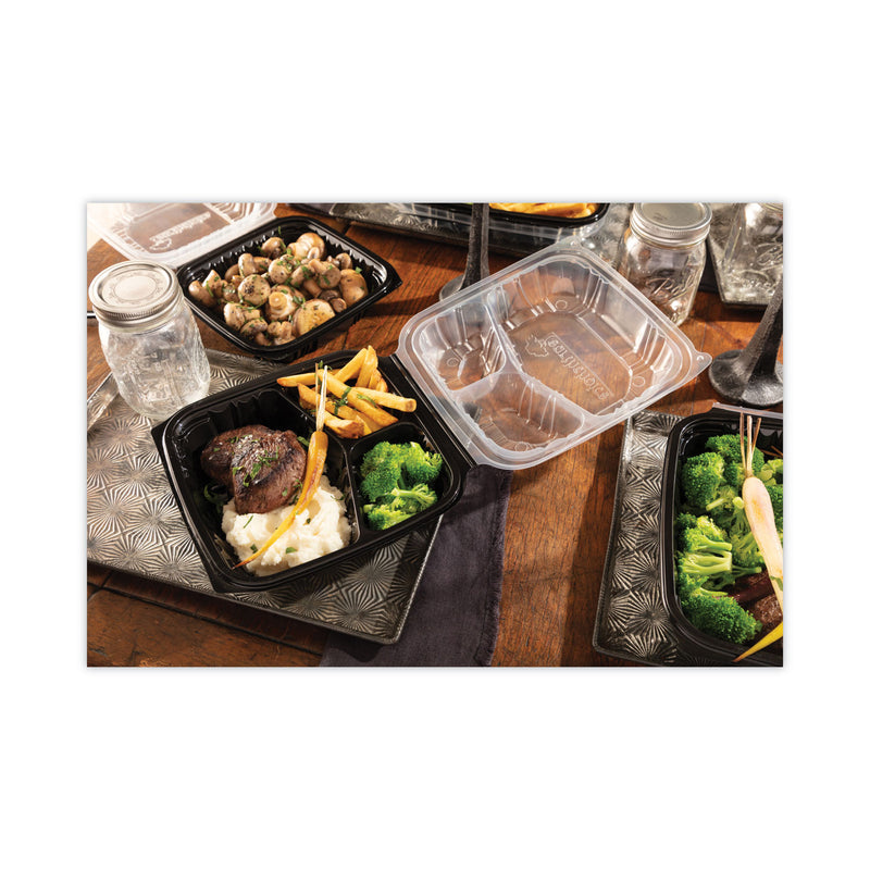 Pactiv Evergreen EarthChoice Vented Dual Color Microwavable Hinged Lid Container, 3-Compartment 34oz, 10.5x9.5x3, Black/Clear, Plastic, 132/CT