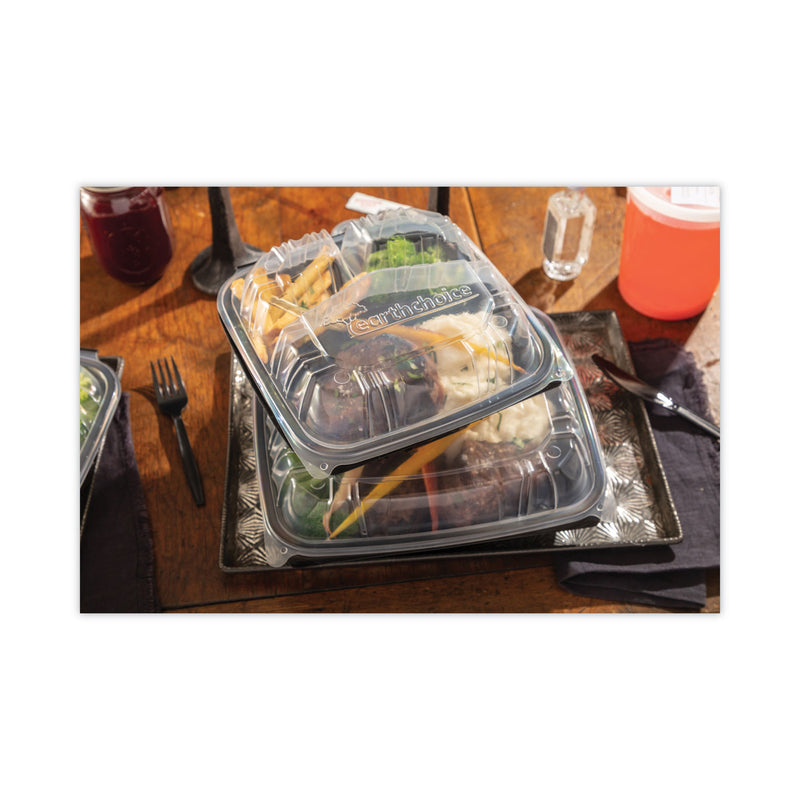 Pactiv Evergreen EarthChoice Vented Dual Color Microwavable Hinged Lid Container, 3-Compartment 34oz, 10.5x9.5x3, Black/Clear, Plastic, 132/CT