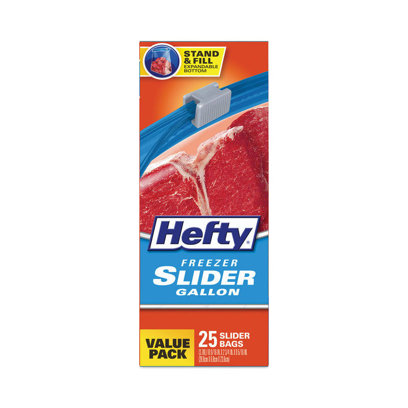 Hefty Slider Bags, 1 gal, 2.5 mil, 10.56" x 11", Clear, 25/Box