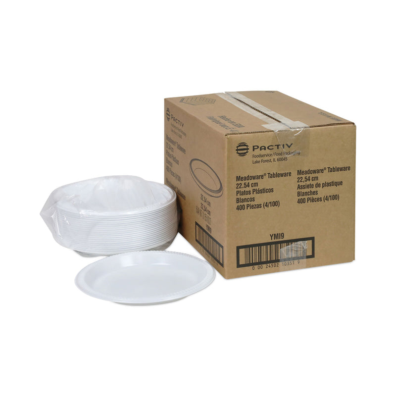 Pactiv Evergreen Meadoware Impact Plastic Dinnerware, Plate, 8.88" dia, White, 400/Carton