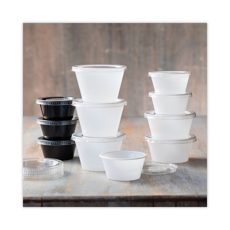 Pactiv Evergreen Plastic Portion Cup Lid, Fits 1.5 oz to 2.5 oz Cups, Clear, 100/Pack, 24 Packs/Carton