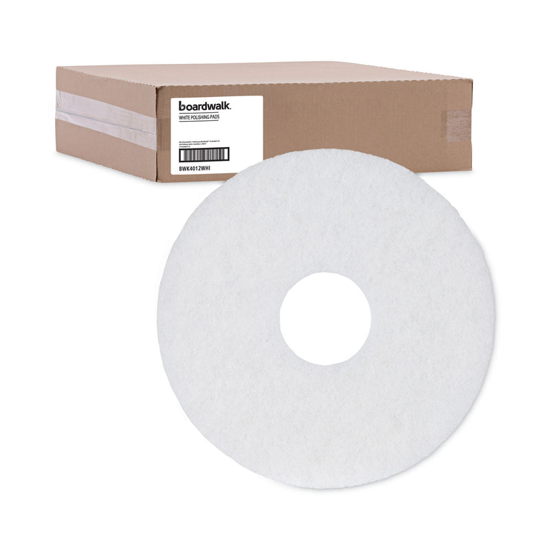 Boardwalk Polishing Floor Pads, 12" Diameter, White, 5/Carton