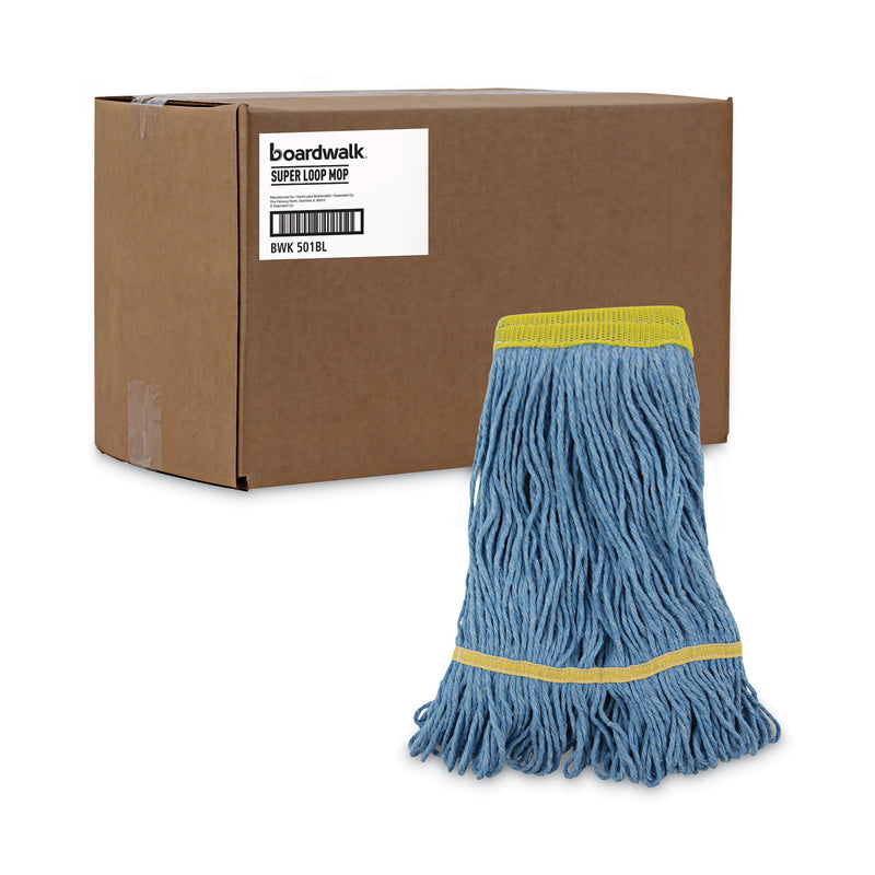 Boardwalk Super Loop Wet Mop Head, Cotton/Synthetic Fiber, 5" Headband, Small Size, Blue, 12/Carton