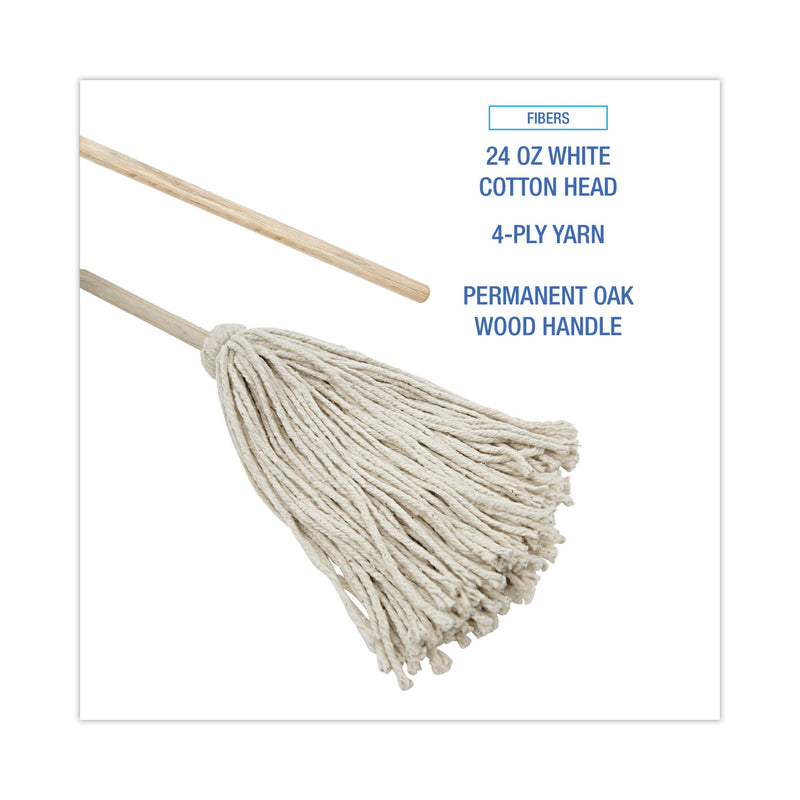 Boardwalk Cotton Deck Mop, 24 oz White Cotton Head, 50" Wood Handle, 6/Carton